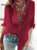 Women’s Solid Color Loose Elegant V - Neck Long - Sleeved Cotton Shirt Red / S