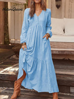 Cotton And Linen Retro Casual Long - Sleeved Dress Blue / S