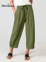 Women’s Slacks With Cotton And Linen Drawstring Pockets Green / S