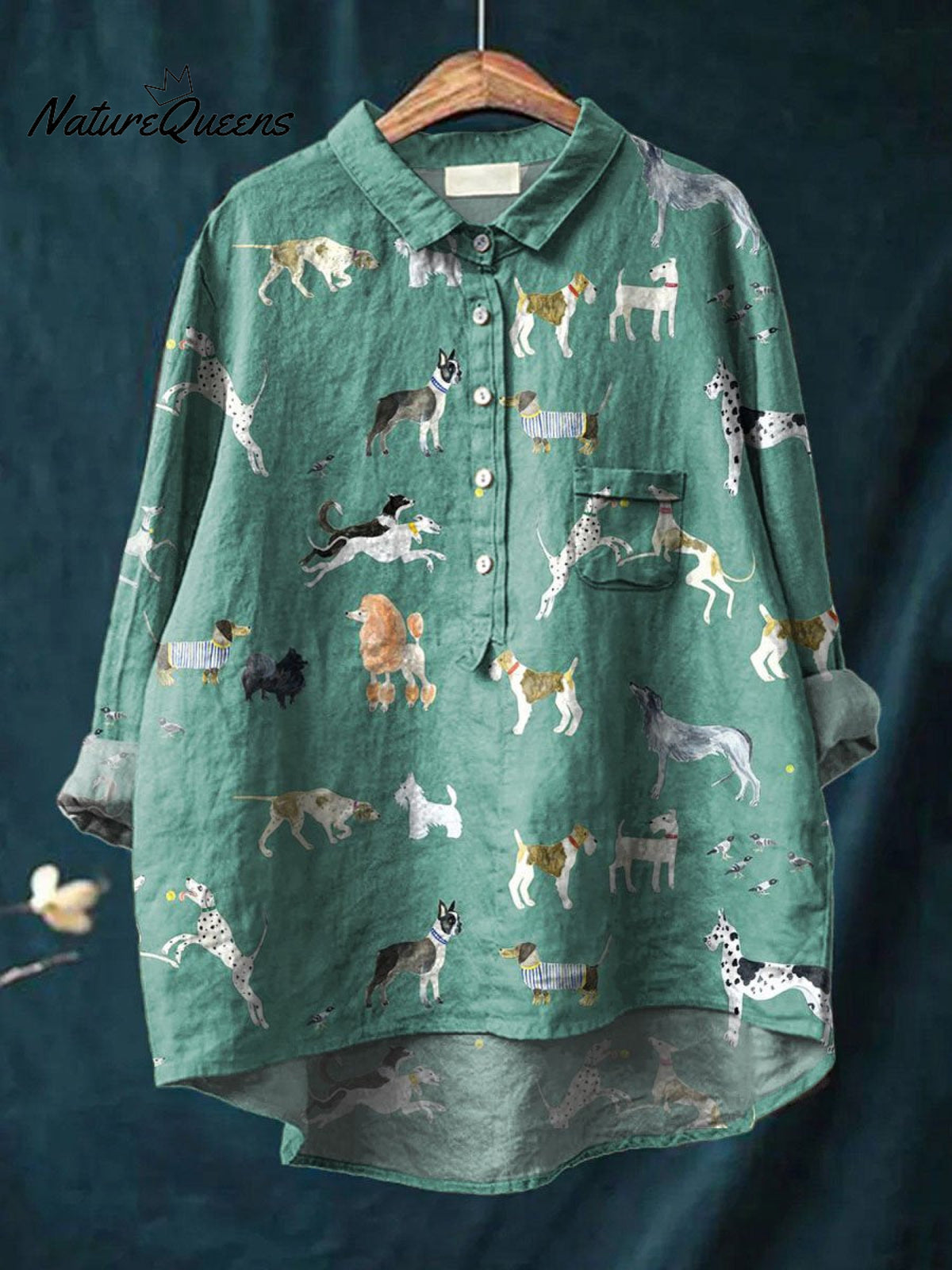 Vintage Lovely Dogs Art Print Casual Cotton And Linen Shirt