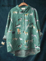 Vintage Lovely Dogs Art Print Casual Cotton And Linen Shirt