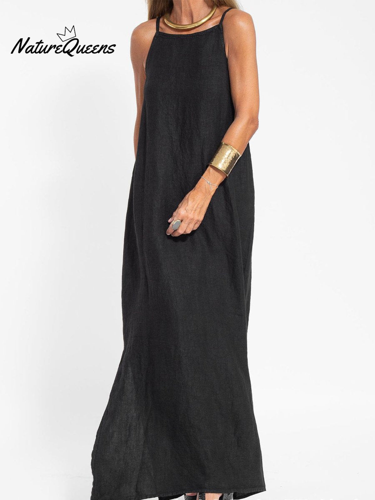 Fashionable Casual Cotton And Linen Slit Slip Dress Black / S