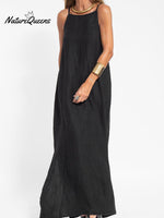 Fashionable Casual Cotton And Linen Slit Slip Dress Black / S