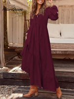 Cotton And Linen Retro Casual Long - Sleeved Dress Red / S