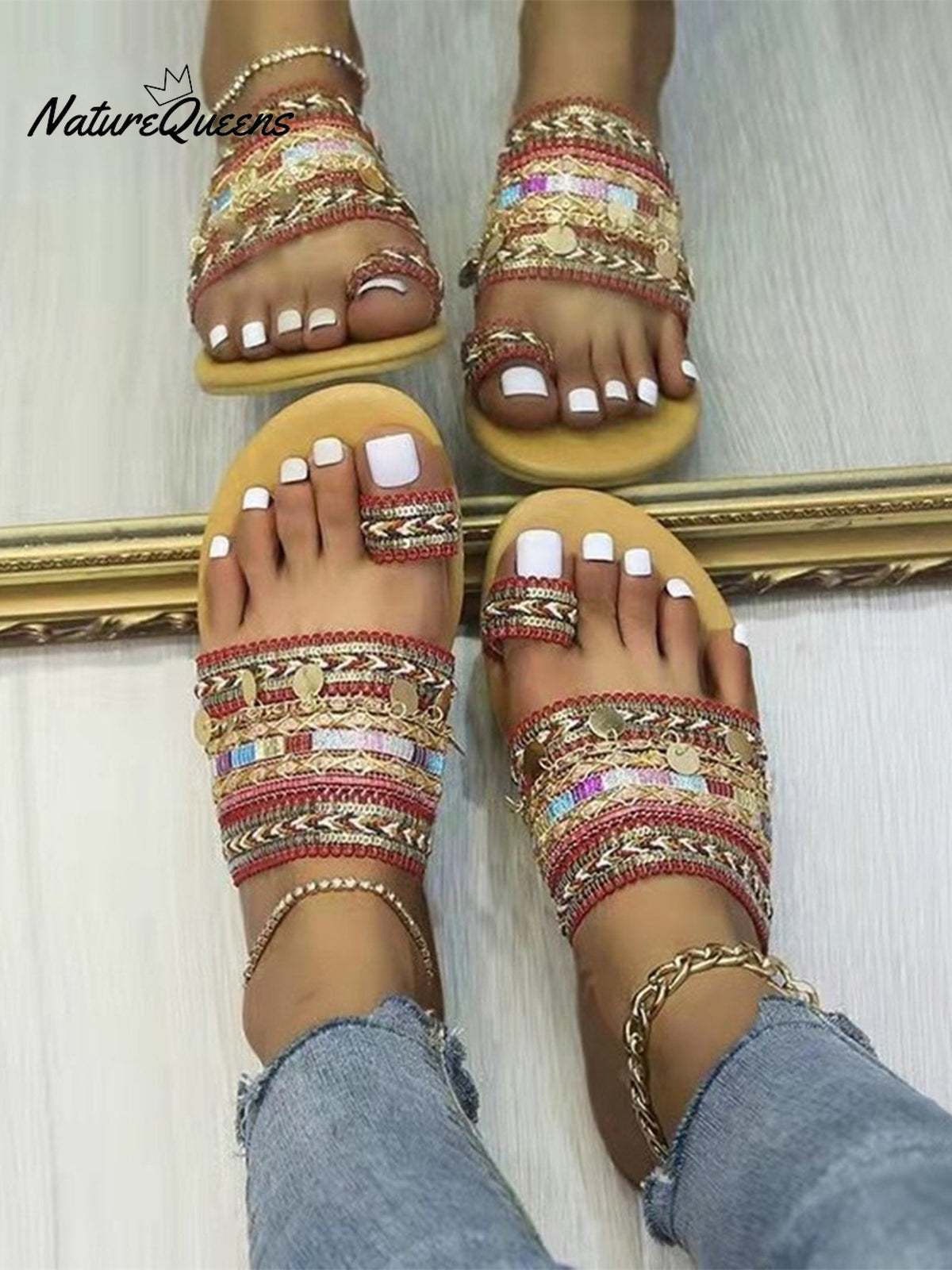 Women’s Set - Toe Bohemian Ethnic Slippers Red / 36