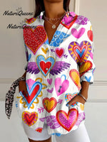 Heart Art Printed Women's Casual Cotton And Linen Shirt
