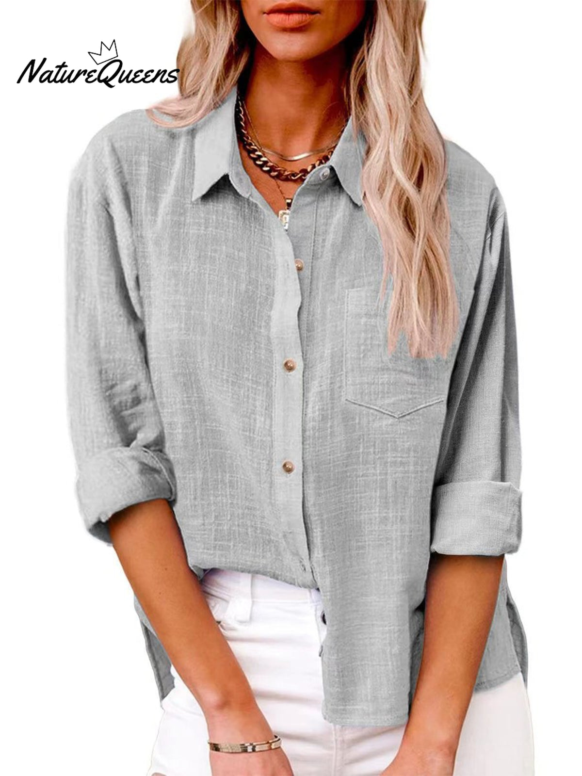Women's Slit Cotton and Linen Long-sleeved Shirt