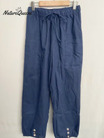 High - Waisted Buttoned Cotton And Linen Pants Cropped Navy Blue / S