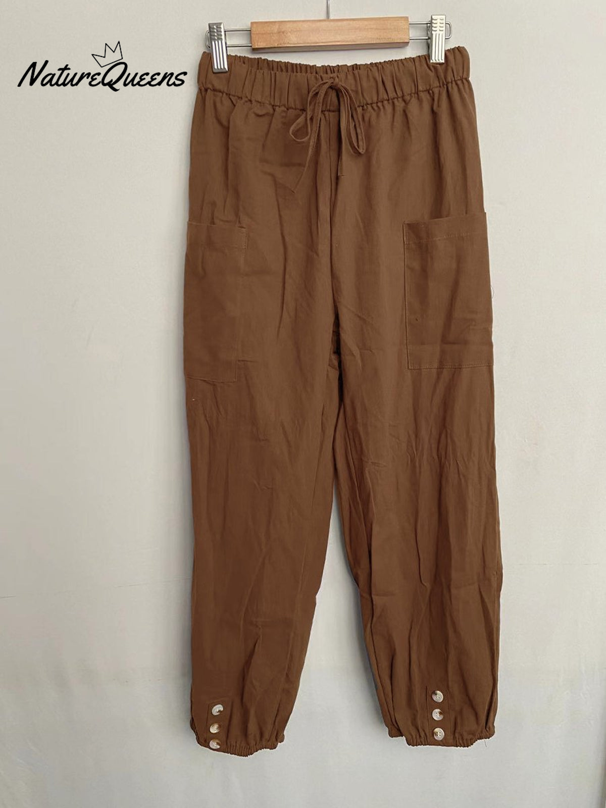 High - Waisted Buttoned Cotton And Linen Pants Cropped Brown / S