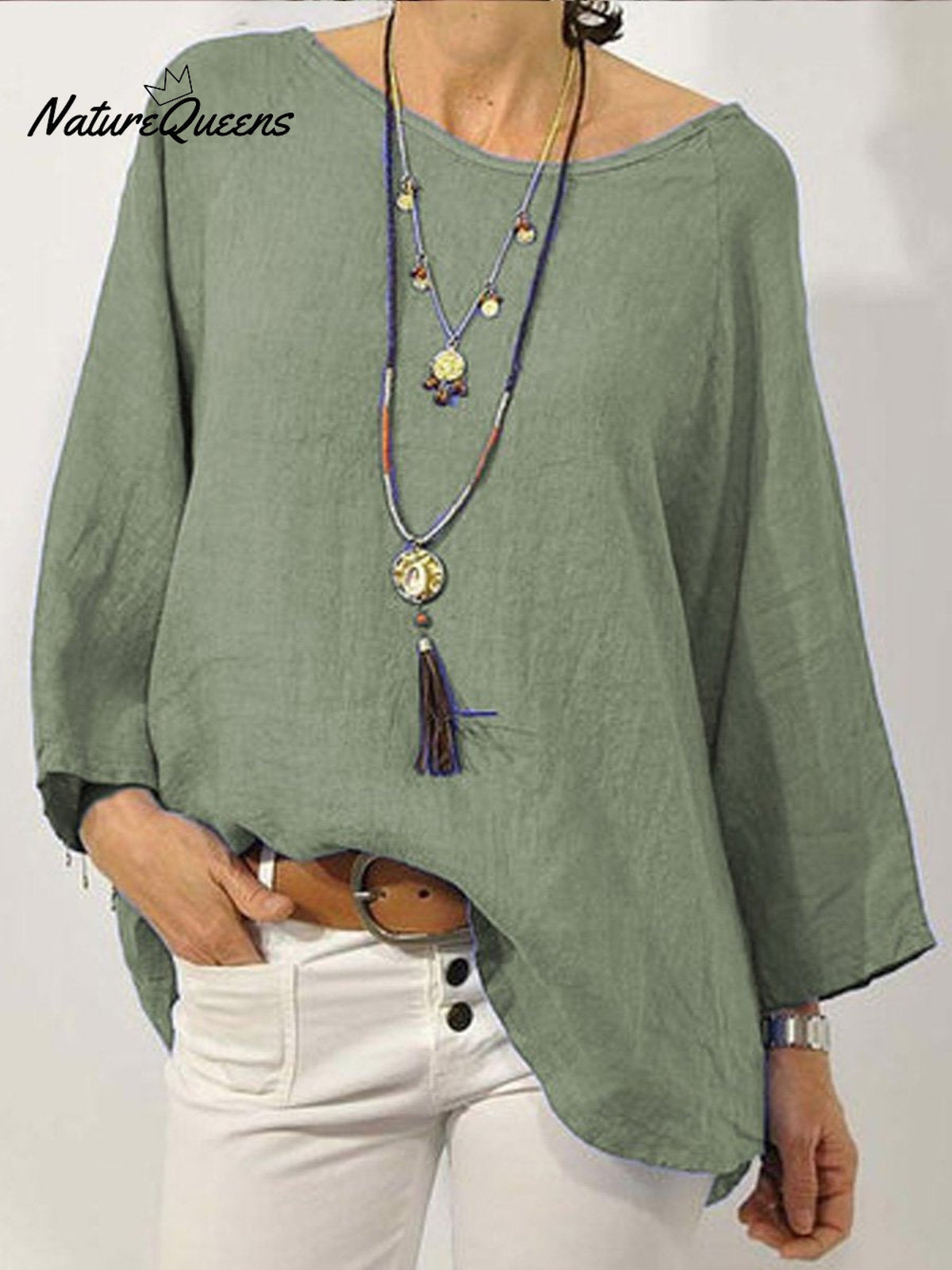 Women’s Solid Colour Cotton And Linen Round Neck Ninth Sleeve Blouse Green / S