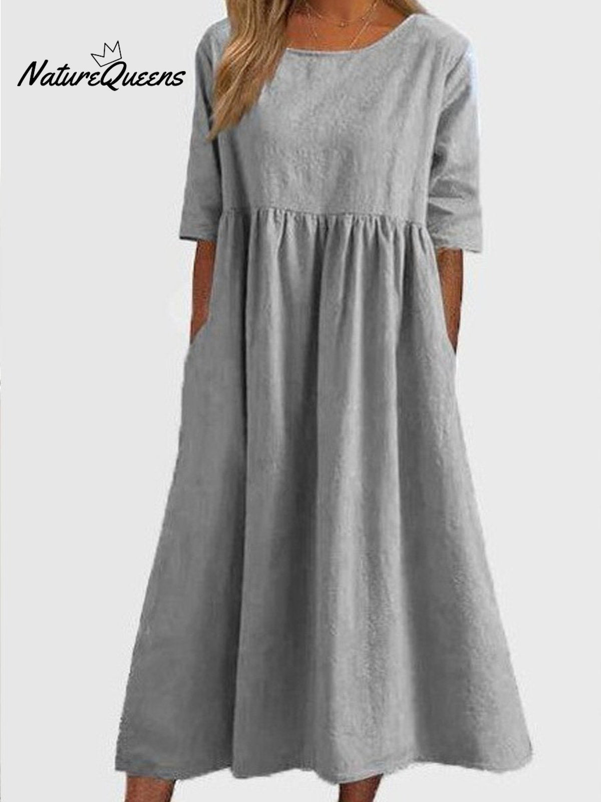 Cotton And Linen Casual Short Sleeve Pocket Pleated Loose Round Neck Dress Light Grey / S