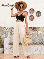 Women’s Linen High Waist Straight Wide Leg Summer Beach Pants Almond / S