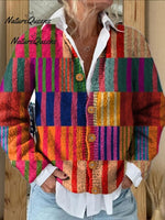 Modern Colorful Geometric Pattern Printed Women's Casual V-Neck Long Sleeve Comfortable Cotton T-Shirt