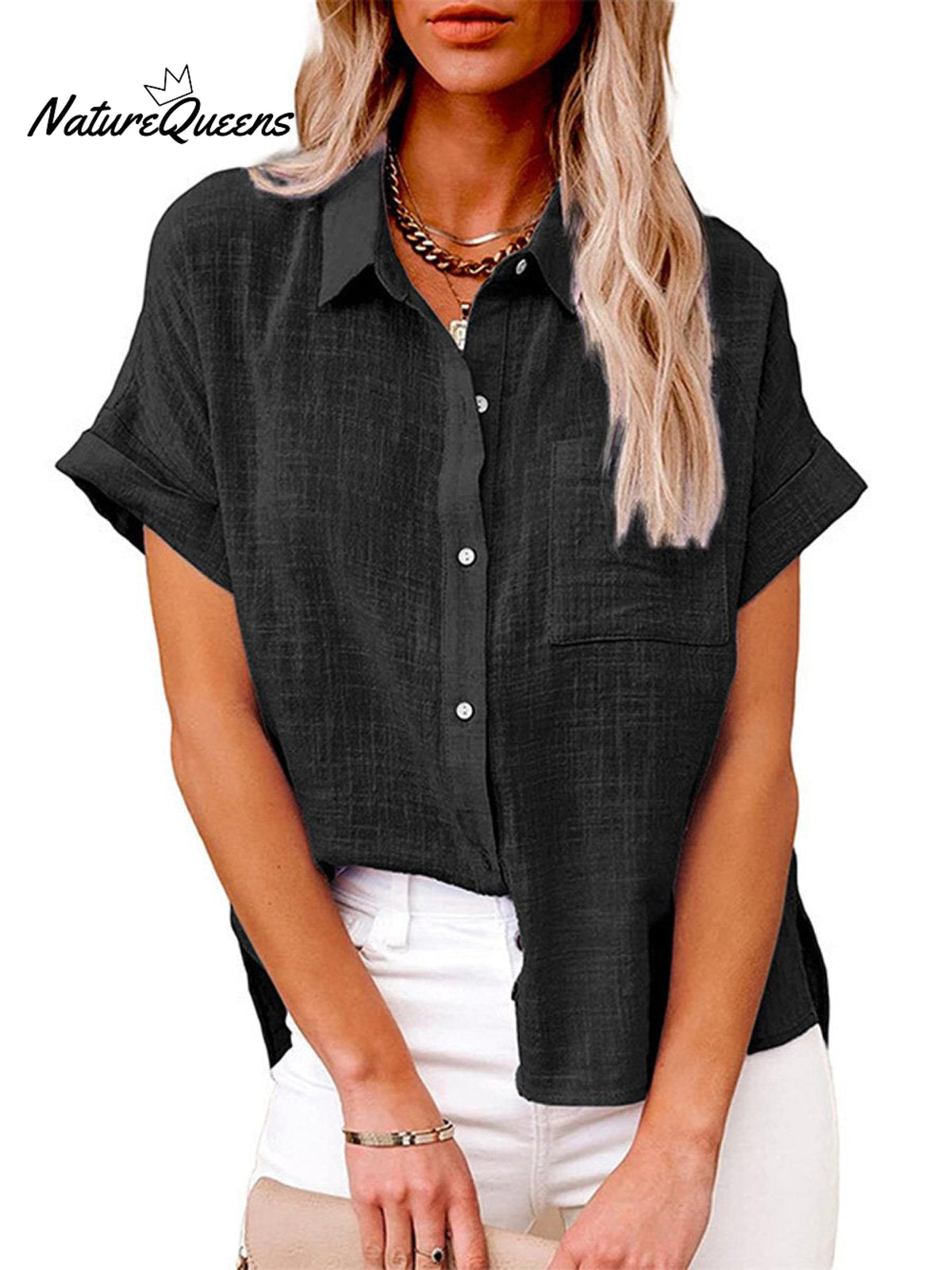 Women’s Solid Color Button Down Short Sleeve Shirt Black / S