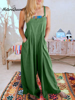 Women’s Solid Color Loose Elegant Casual Cotton Linen Suspender Jumpsuit Green / S