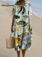 Women's Vintage Lovely Fish Art Print Flowy Dress