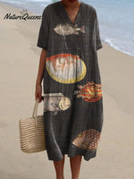 Women's Vintage Lovely Fish Art Print Flowy Dress