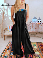 Women’s Solid Color Loose Elegant Casual Cotton Linen Suspender Jumpsuit Black / S