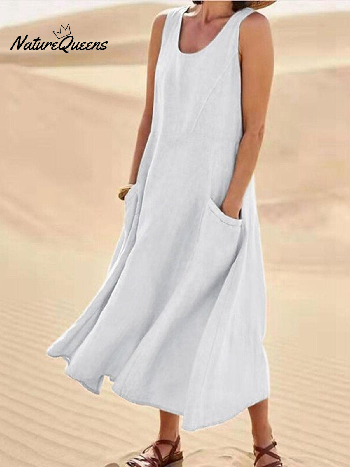 Women Sleeveless Sundress Elegant Round Neck Cotton Linen Solid Long Tank Casual Summer Dress White