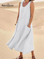 Women Sleeveless Sundress Elegant Round Neck Cotton Linen Solid Long Tank Casual Summer Dress White