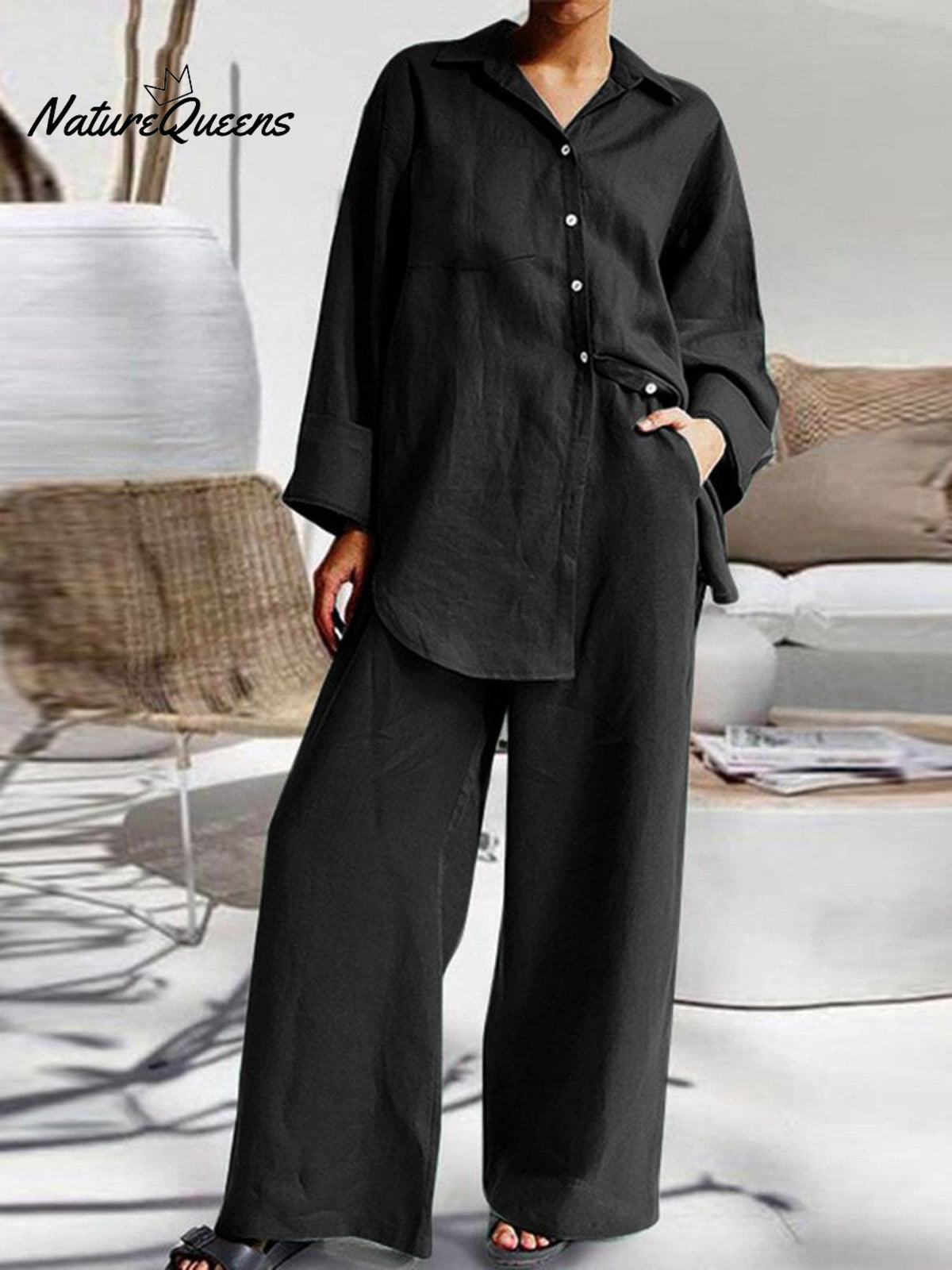 Women’s Nine - Quarter Sleeve Shirt And Trousers Two - Piece Suit Black / S