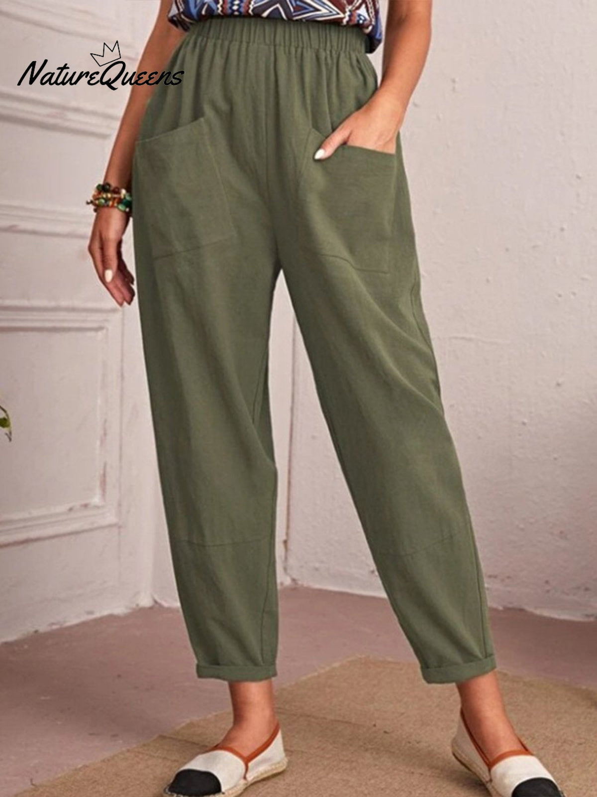 Cotton And Linen Elastic Waist Pocket Tapered Pants Armygreen / S