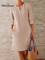 Spring Cotton And Linen Round Neck Long Sleeve Dress Khaki / S