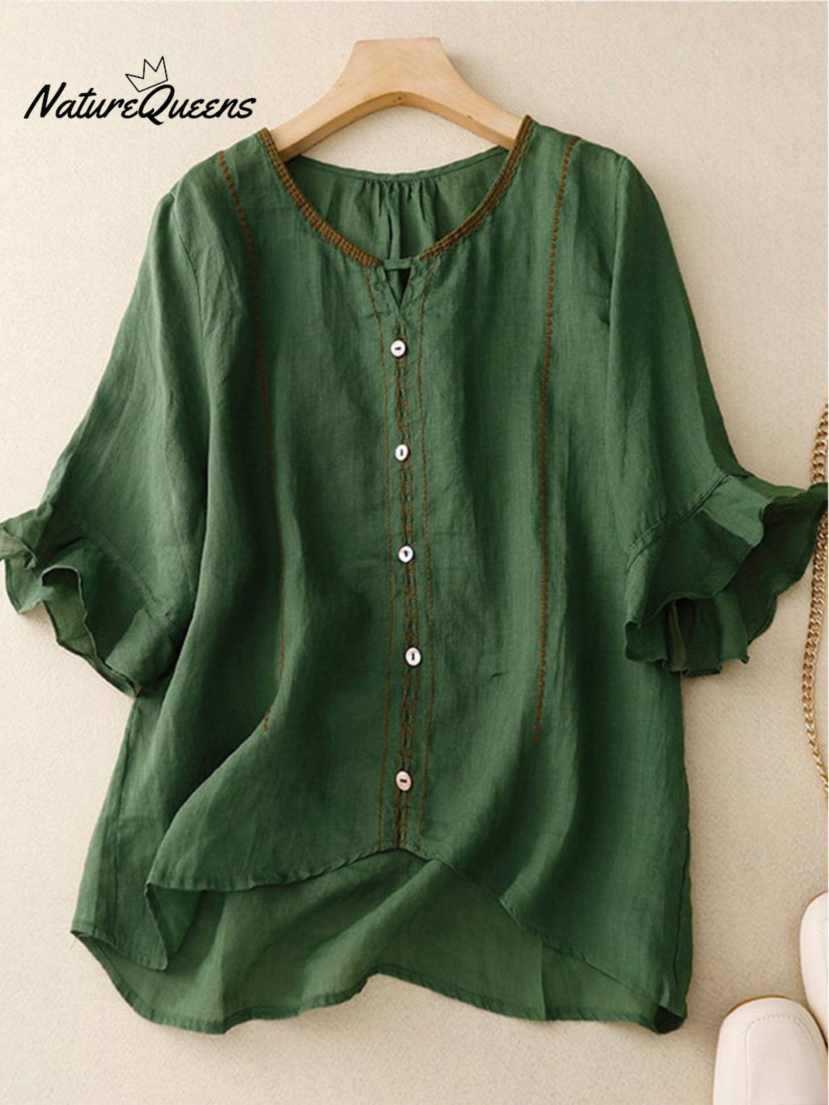 Loose Casual Embroidered Ruffle Sleeve Patchwork Shirt