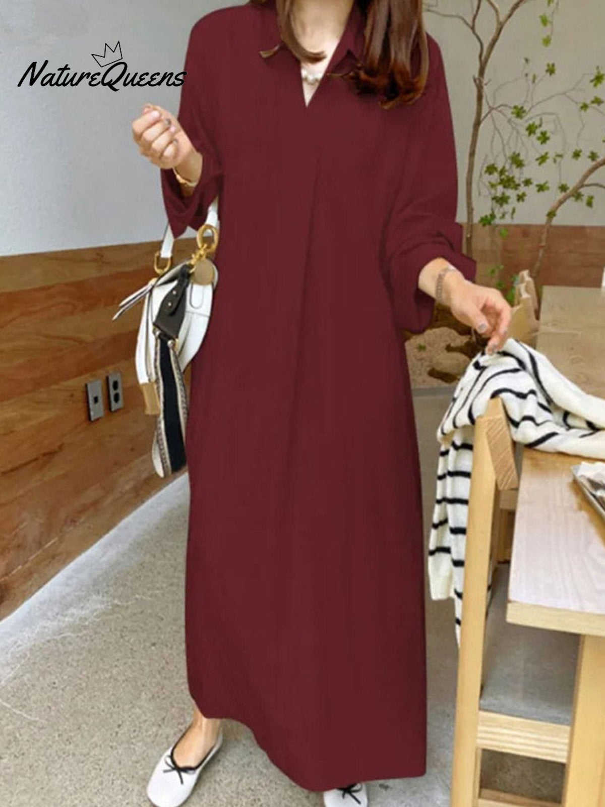 Cotton And Linen Solid Colour Lapel Collar Long Sleeve Casual Dress Burgundy / S