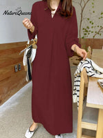 Cotton And Linen Solid Colour Lapel Collar Long Sleeve Casual Dress Burgundy / S