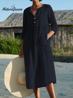 Cotton And Linen Mid - Sleeve Dress Black / S