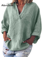 Women's Solid Color Cotton And Linen V-Neck Long Sleeve Blouse