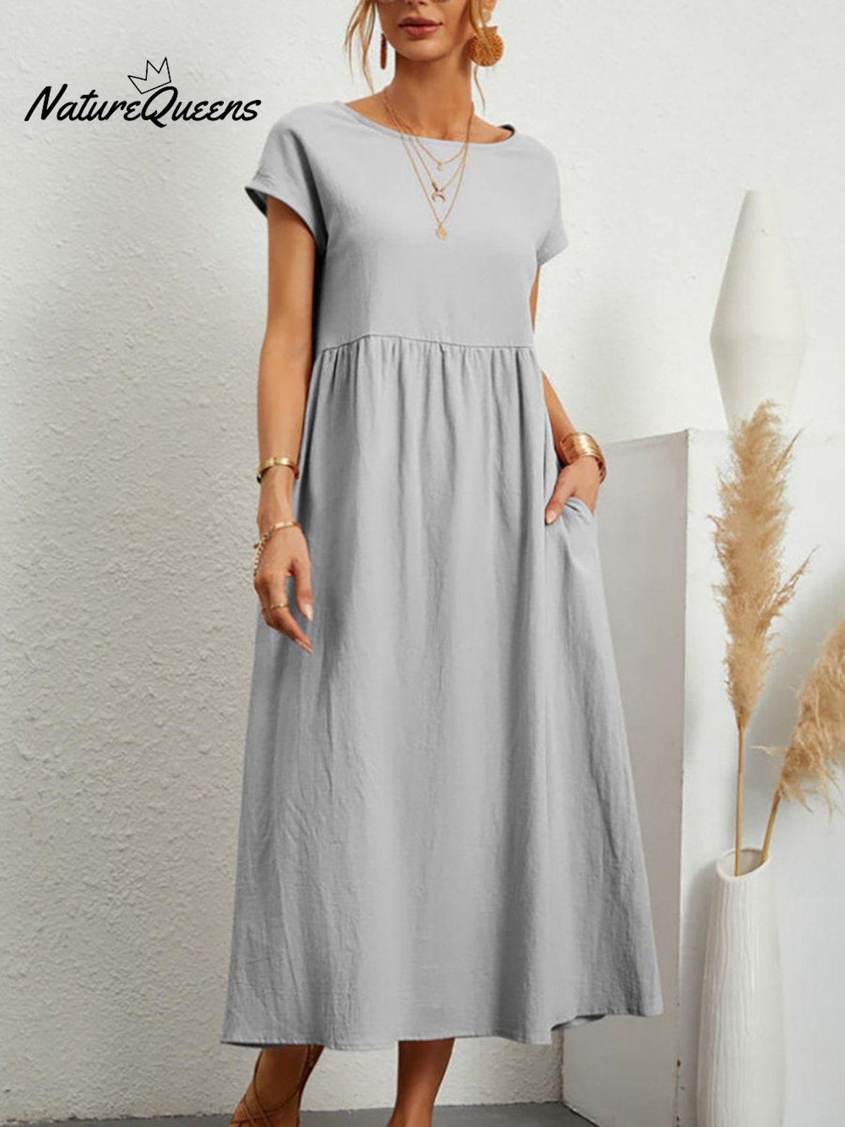 Women’s Solid Color Cotton Linen Round Neck A - Line Dress Silver / S