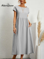 Women’s Solid Color Cotton Linen Round Neck A - Line Dress Silver / S