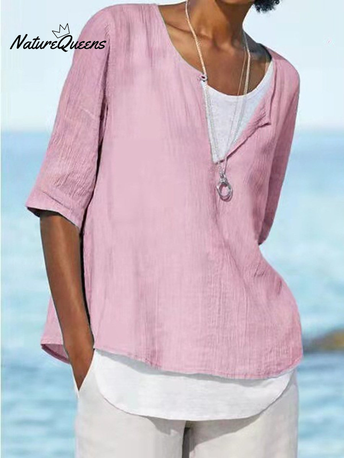 Women's Solid Color Loose Elegant Casual Cotton And Linen Mid-sleeve Shirt