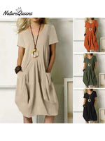Women’s Round Neck Cotton Linen Casual Dress