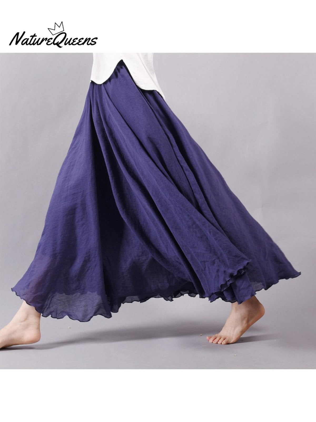 Women’s Cotton Linen Skirt Casual Elastic High Waist Pleated A-Line Beach Skirts Navy Blue / S