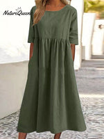 Cotton And Linen Casual Short Sleeve Pocket Pleated Loose Round Neck Dress Army Green / S