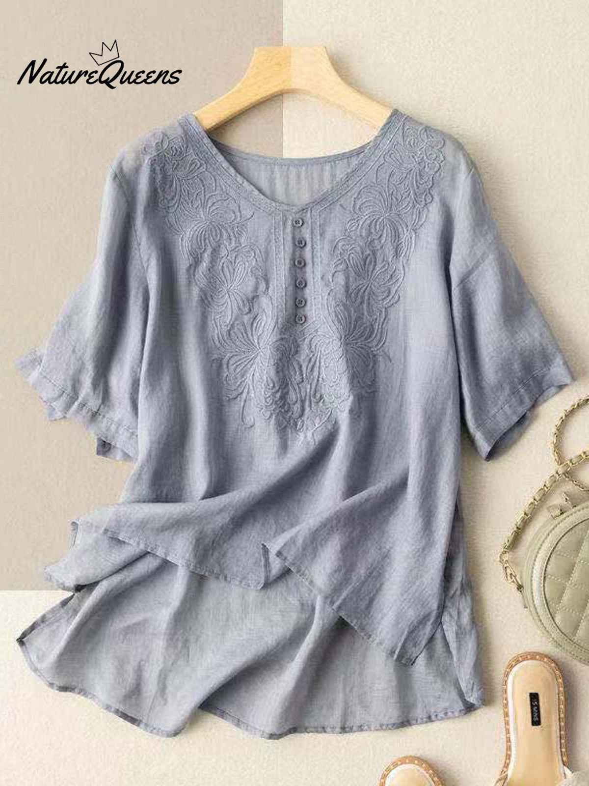 Women's Cotton And Linen Short Sleeve Embroidery Blouse
