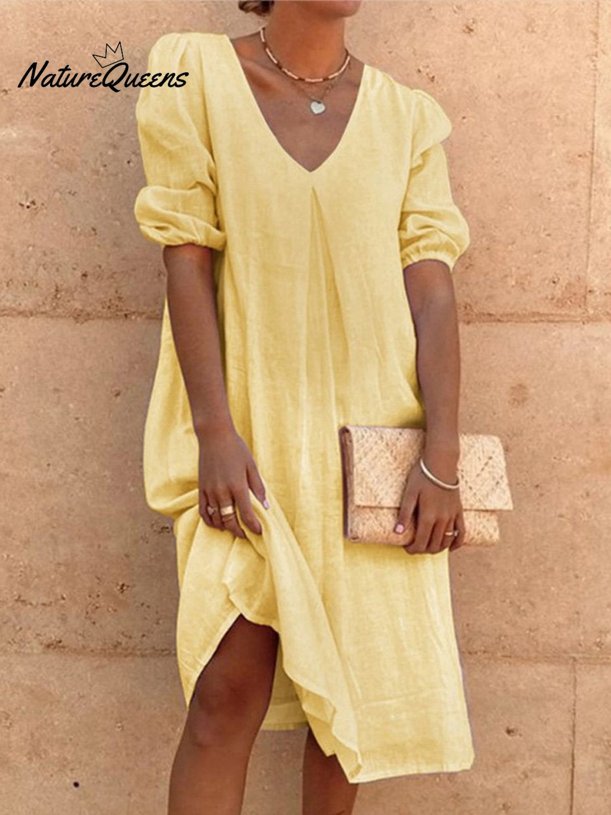 Cotton And Linen Solid Color Long Sleeve Casual Midi Dress