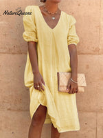 Cotton And Linen Solid Color Long Sleeve Casual Midi Dress