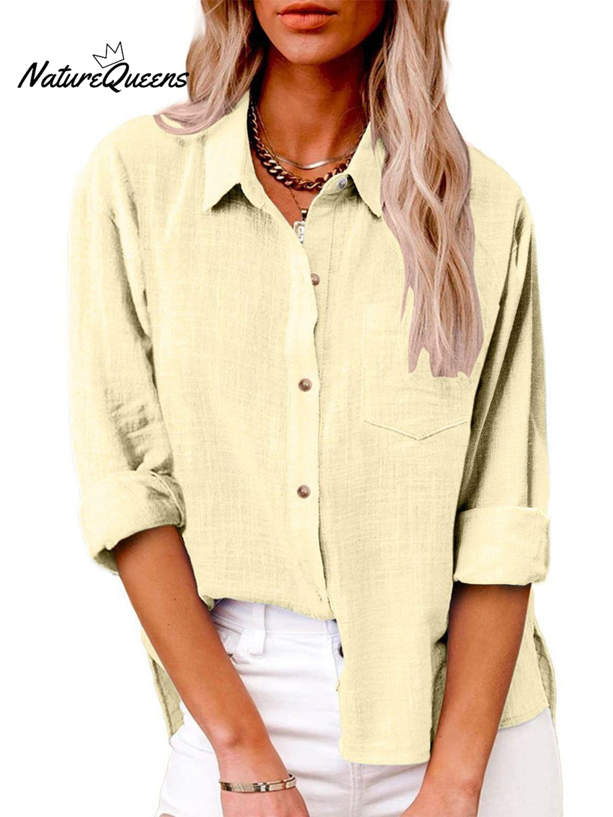 Women's Slit Cotton and Linen Long-sleeved Shirt