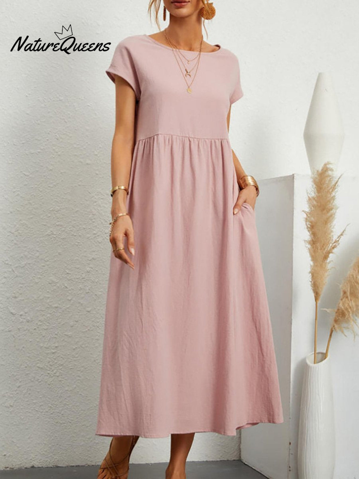 Women’s Solid Color Cotton Linen Round Neck A - Line Dress Pink / S