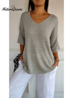 Women’s Solid Color Knitted 3/4 Sleeve V - Neck Top Light Grey / S