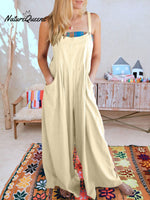 Women’s Solid Color Loose Elegant Casual Cotton Linen Suspender Jumpsuit Apricot / S