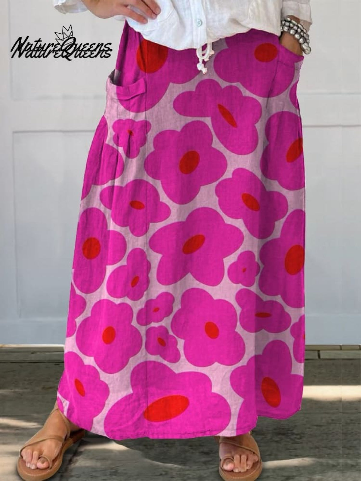 Vibrant Pink Floral Pattern Printed Women's Casual Cotton And Linen Shirt