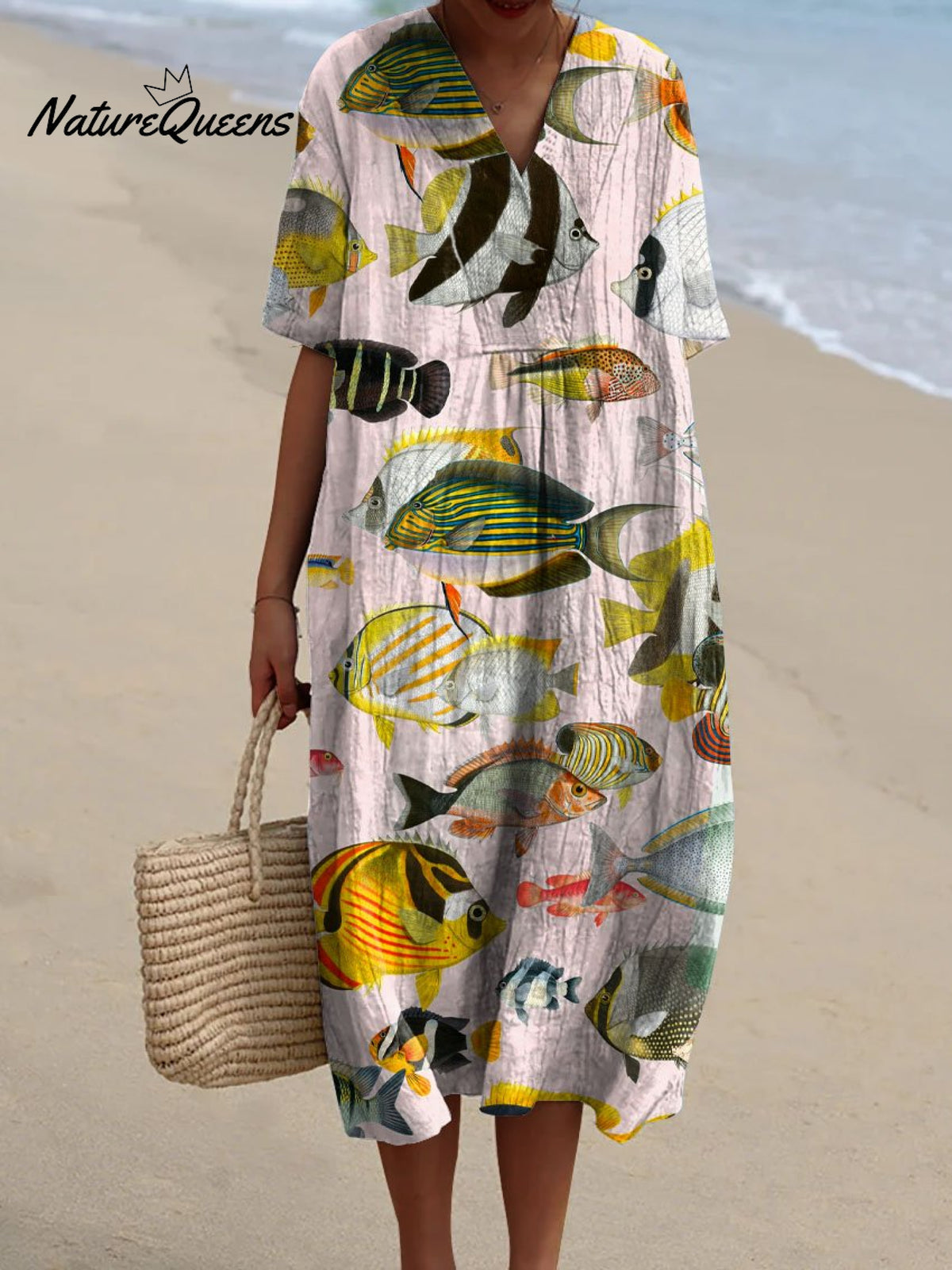 Women's Vintage Lovely Fish Art Print Flowy Dress