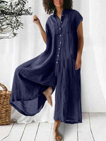 Women's Cotton And Linen Solid Color Short Sleeve Jumpsuit