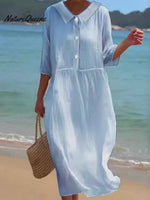 Women’s Solid Color Cotton And Linen Doll Collar Dress Light Blue / S