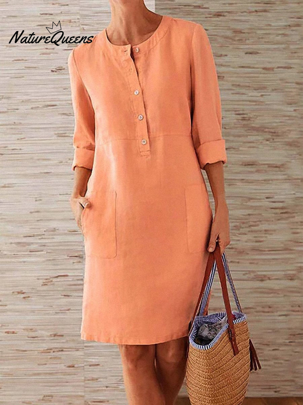 Spring Cotton And Linen Round Neck Long Sleeve Dress Orange / S